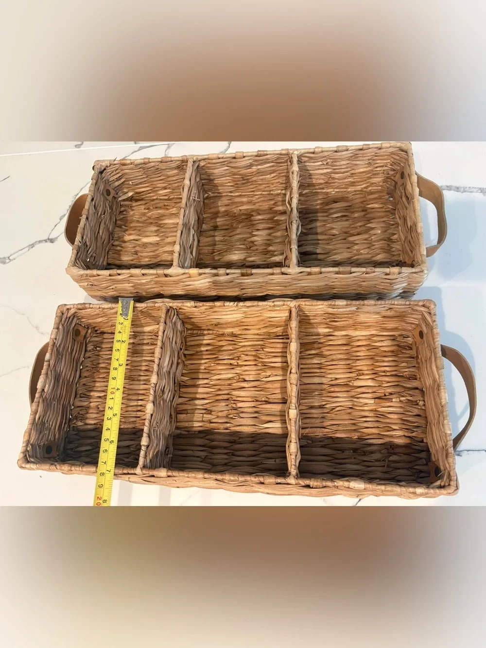 Set of two 3-Compartment Organizer Tray Set with Leather Handles - Natural